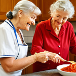 **

Elderly woman (Lucia) smiling while preparing a simple Italian recipe (e.g., pasta with tomato sauce) in a brightly lit kitchen, with a younger female occupational therapist assisting her. Focus on conveying trust and renewed confidence. Warm, inviting color palette.

**