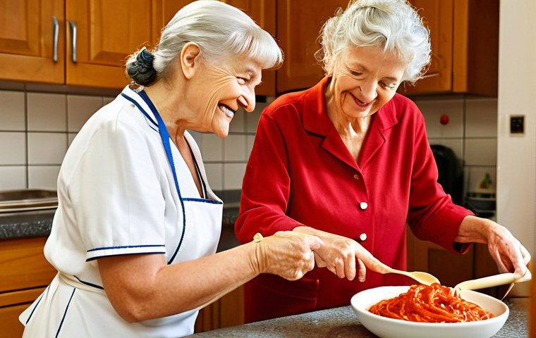 **

Elderly woman (Lucia) smiling while preparing a simple Italian recipe (e.g., pasta with tomato sauce) in a brightly lit kitchen, with a younger female occupational therapist assisting her. Focus on conveying trust and renewed confidence. Warm, inviting color palette.

**