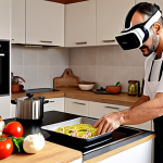** A therapist using VR technology to help a stroke patient virtually practice cooking in a modern Italian kitchen. The scene emphasizes the patient's engagement and the blend of technology with traditional Italian culinary activities.

**