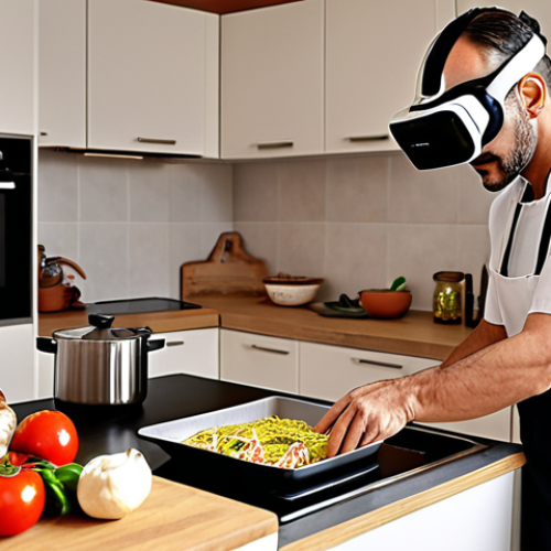 ** A therapist using VR technology to help a stroke patient virtually practice cooking in a modern Italian kitchen. The scene emphasizes the patient's engagement and the blend of technology with traditional Italian culinary activities.

**