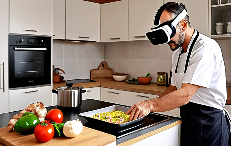 ** A therapist using VR technology to help a stroke patient virtually practice cooking in a modern Italian kitchen. The scene emphasizes the patient's engagement and the blend of technology with traditional Italian culinary activities.

**