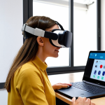 **

A modern occupational therapist attending a virtual reality training session, learning about new rehabilitation techniques. The scene is set in a bright, contemporary co-working space in Milan, Italy. Laptops and training materials are visible in the background. Focus on the therapist's engagement and the immersive VR experience. Include subtle branding for "ECM credits" associated with the training.

**