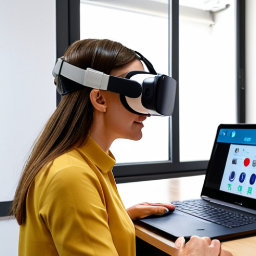 **

A modern occupational therapist attending a virtual reality training session, learning about new rehabilitation techniques. The scene is set in a bright, contemporary co-working space in Milan, Italy. Laptops and training materials are visible in the background. Focus on the therapist's engagement and the immersive VR experience. Include subtle branding for "ECM credits" associated with the training.

**