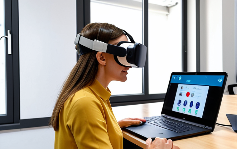 **

A modern occupational therapist attending a virtual reality training session, learning about new rehabilitation techniques. The scene is set in a bright, contemporary co-working space in Milan, Italy. Laptops and training materials are visible in the background. Focus on the therapist's engagement and the immersive VR experience. Include subtle branding for "ECM credits" associated with the training.

**