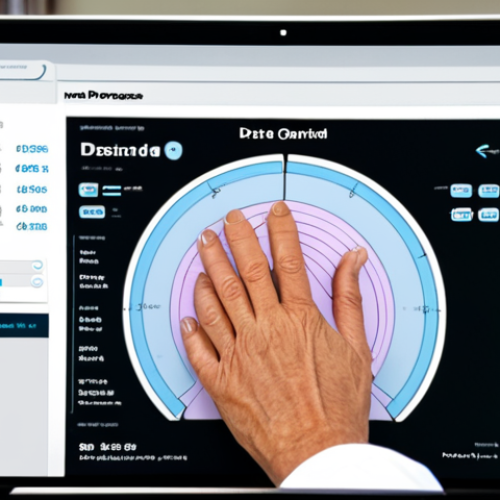 **Prompt:** A therapist using a digital dashboard (software) to review a patient's progress, showing charts and data, during a session. The setting is a modern, well-lit therapy office.