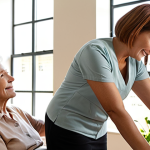 **

A compassionate occupational therapist actively listening to an elderly patient in a bright, welcoming office. The therapist is kneeling slightly to be at eye level.  The patient is expressing themselves freely.  Focus on empathy and creating a safe space.  Include elements like natural light, comfortable seating, and perhaps personal items in the background (photos, plants) to suggest a home-like atmosphere.

**