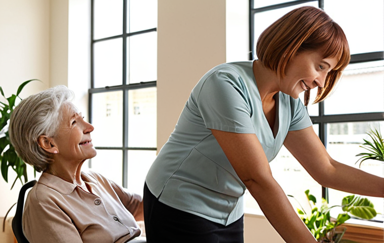 **

A compassionate occupational therapist actively listening to an elderly patient in a bright, welcoming office. The therapist is kneeling slightly to be at eye level.  The patient is expressing themselves freely.  Focus on empathy and creating a safe space.  Include elements like natural light, comfortable seating, and perhaps personal items in the background (photos, plants) to suggest a home-like atmosphere.

**
