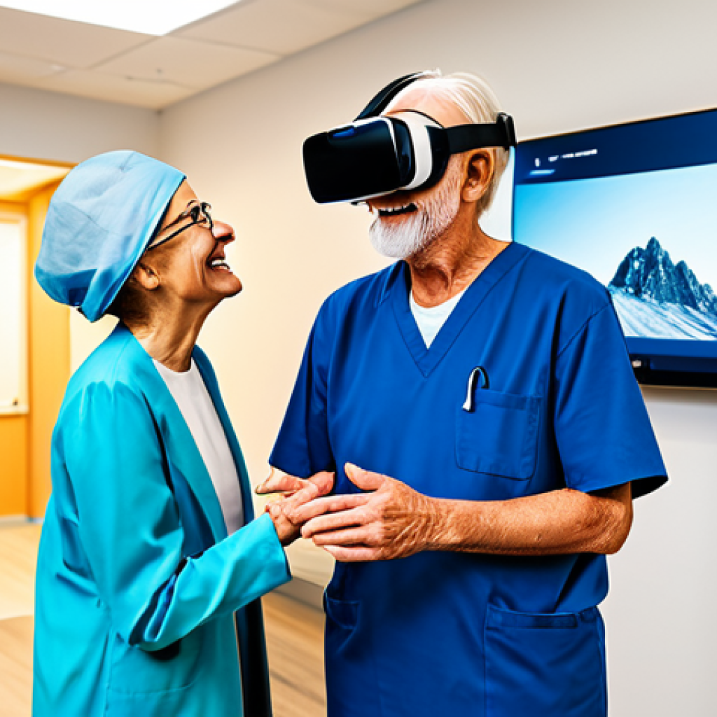 A professional occupational therapist, fully clothed in appropriate, modest attire, gently guiding an elderly male patient who wears a VR headset. The patient, also fully clothed in comfortable, appropriate attire, has a natural, joyful expression as he reaches out, seemingly interacting with a virtual environment like a mountain path. They are in a bright, modern rehabilitation clinic with soft lighting and contemporary design. A nearby large screen displays a simplified representation of the virtual reality scene, showing the patient's perspective. The image captures perfect anatomy, correct proportions, well-formed hands, and a natural pose, conveying a sense of hope and progress. Safe for work, appropriate content, professional, family-friendly.