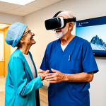 A professional occupational therapist, fully clothed in appropriate, modest attire, gently guiding an elderly male patient who wears a VR headset. The patient, also fully clothed in comfortable, appropriate attire, has a natural, joyful expression as he reaches out, seemingly interacting with a virtual environment like a mountain path. They are in a bright, modern rehabilitation clinic with soft lighting and contemporary design. A nearby large screen displays a simplified representation of the virtual reality scene, showing the patient's perspective. The image captures perfect anatomy, correct proportions, well-formed hands, and a natural pose, conveying a sense of hope and progress. Safe for work, appropriate content, professional, family-friendly.