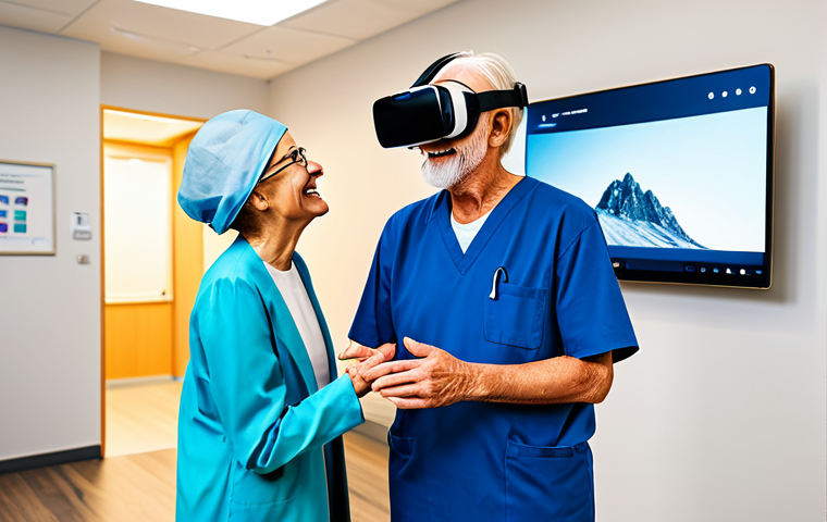 A professional occupational therapist, fully clothed in appropriate, modest attire, gently guiding an elderly male patient who wears a VR headset. The patient, also fully clothed in comfortable, appropriate attire, has a natural, joyful expression as he reaches out, seemingly interacting with a virtual environment like a mountain path. They are in a bright, modern rehabilitation clinic with soft lighting and contemporary design. A nearby large screen displays a simplified representation of the virtual reality scene, showing the patient's perspective. The image captures perfect anatomy, correct proportions, well-formed hands, and a natural pose, conveying a sense of hope and progress. Safe for work, appropriate content, professional, family-friendly.