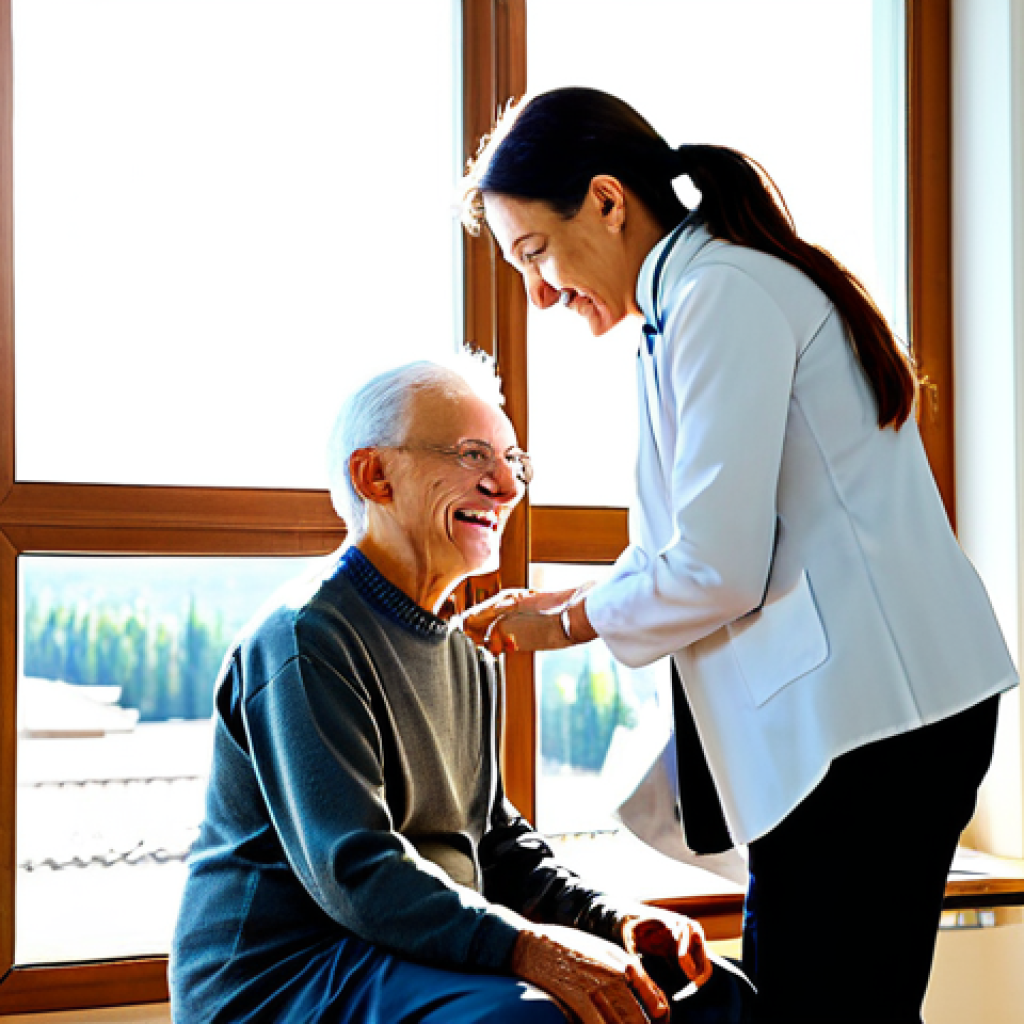 Empathetic Occupational Therapist**

"A kind occupational therapist in a bright, modern Italian rehabilitation clinic, fully clothed in professional attire, kneels beside a senior patient. The patient, also fully clothed, is smiling gently while working on a simple puzzle designed to improve hand-eye coordination. Sunlight streams through a large window, illuminating the scene. Safe for work, appropriate content, modest, professional, perfect anatomy, correct proportions, natural pose, well-formed hands, proper finger count, natural body proportions, high quality, professional photography."

**