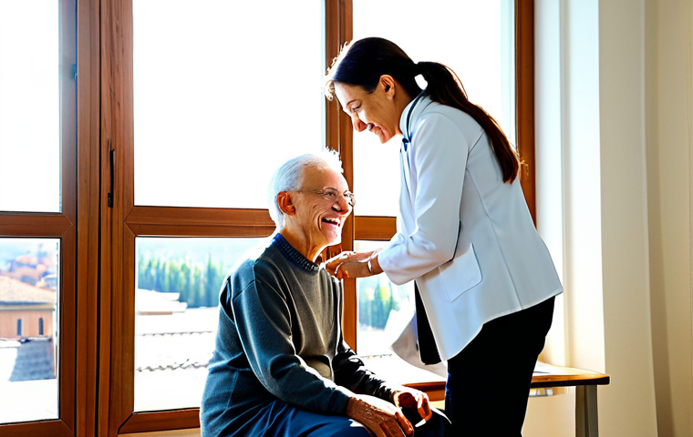 Empathetic Occupational Therapist**

"A kind occupational therapist in a bright, modern Italian rehabilitation clinic, fully clothed in professional attire, kneels beside a senior patient. The patient, also fully clothed, is smiling gently while working on a simple puzzle designed to improve hand-eye coordination. Sunlight streams through a large window, illuminating the scene. Safe for work, appropriate content, modest, professional, perfect anatomy, correct proportions, natural pose, well-formed hands, proper finger count, natural body proportions, high quality, professional photography."

**