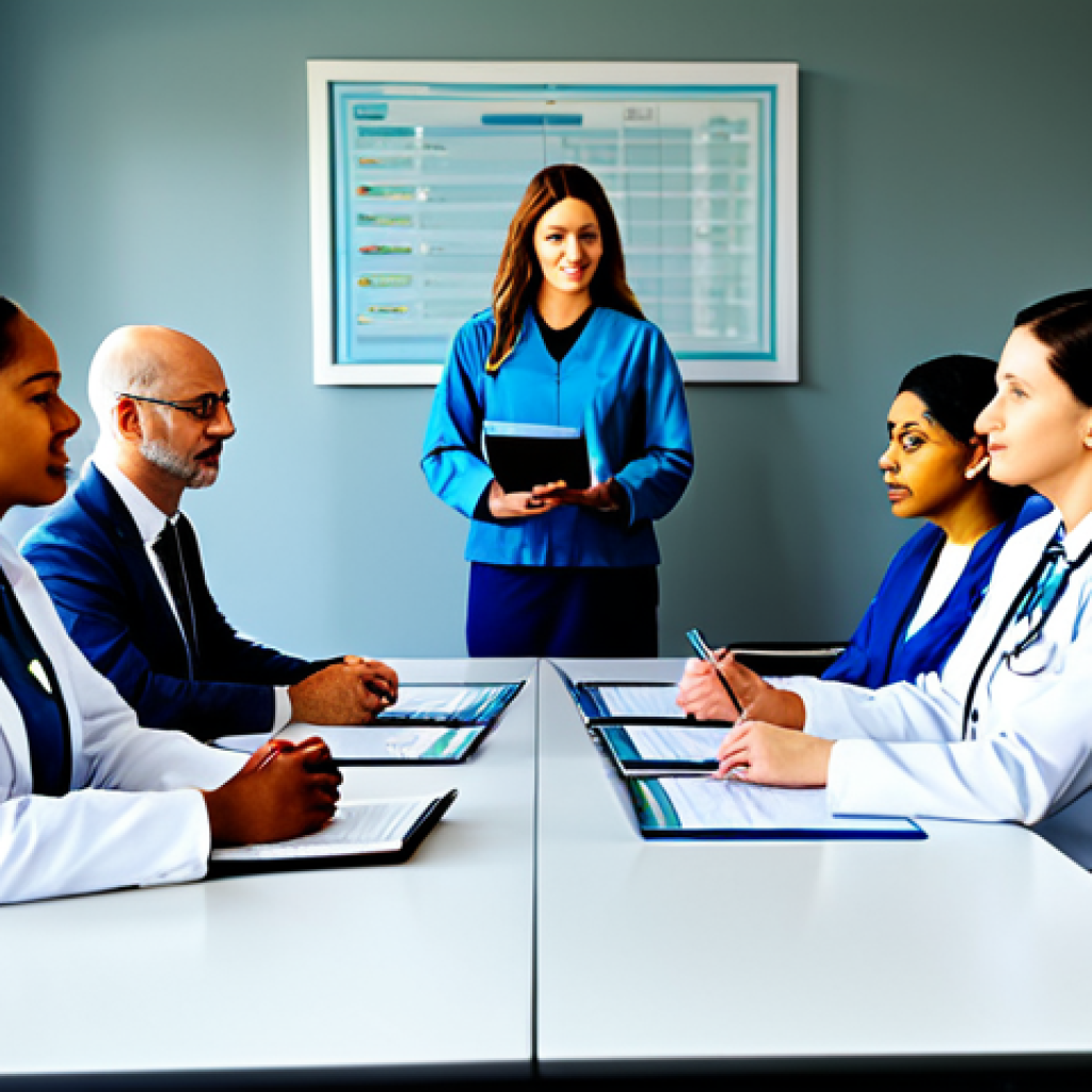 **
"A diverse team of healthcare professionals, including a therapist in modest attire, collaborating around a table reviewing patient data in a bright, modern hospital conference room. Emphasis on communication and shared goals. Safe for work, appropriate content, fully clothed, professional setting, perfect anatomy, correct proportions, natural pose, professional photography, high quality."
**