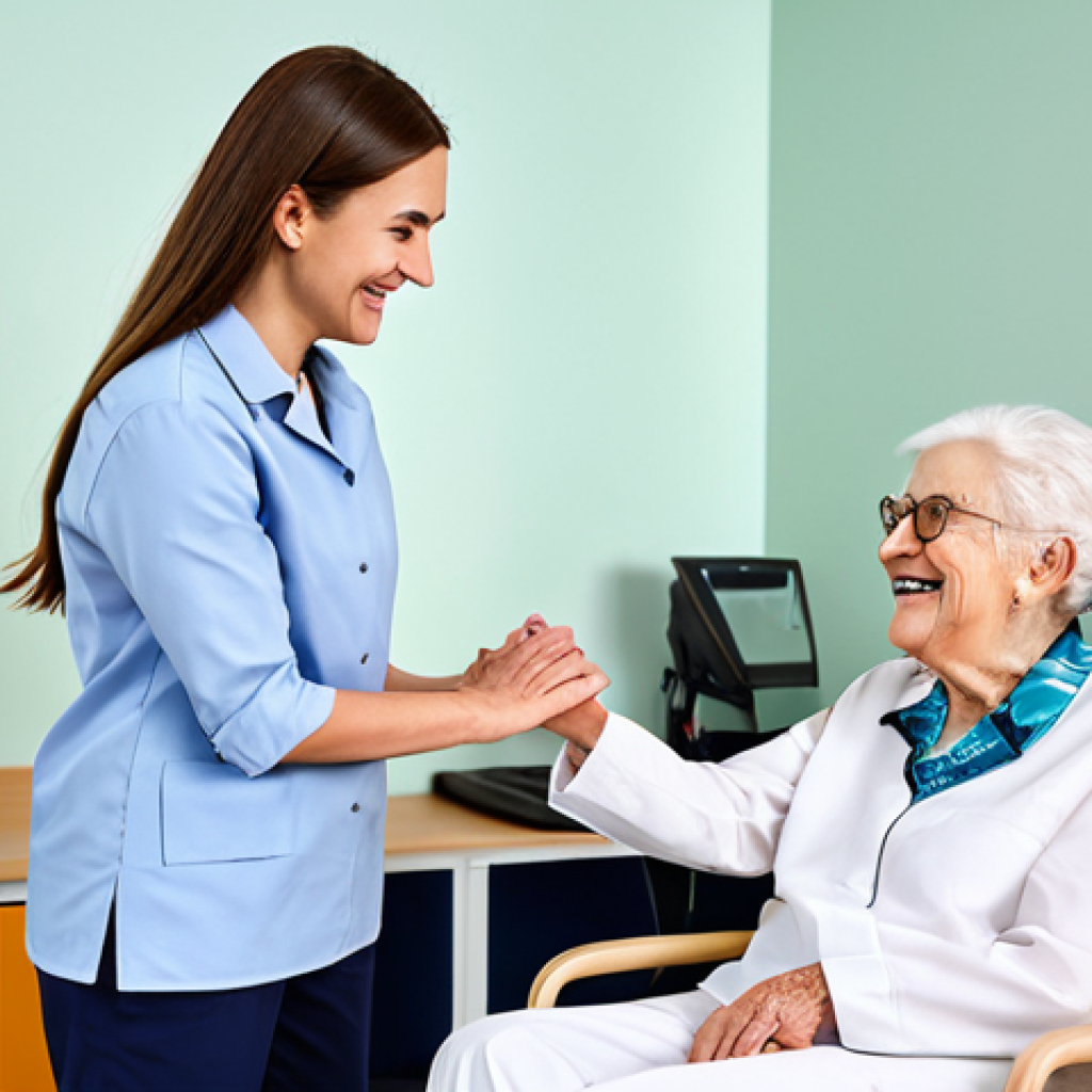 **
A smiling occupational therapist, fully clothed in professional attire (e.g., dress pants and blouse), interacting with an elderly patient in a brightly lit therapy room. The therapist is demonstrating a hand exercise. Safe for work, appropriate content, professional setting, perfect anatomy, natural pose, well-formed hands, family-friendly.
**