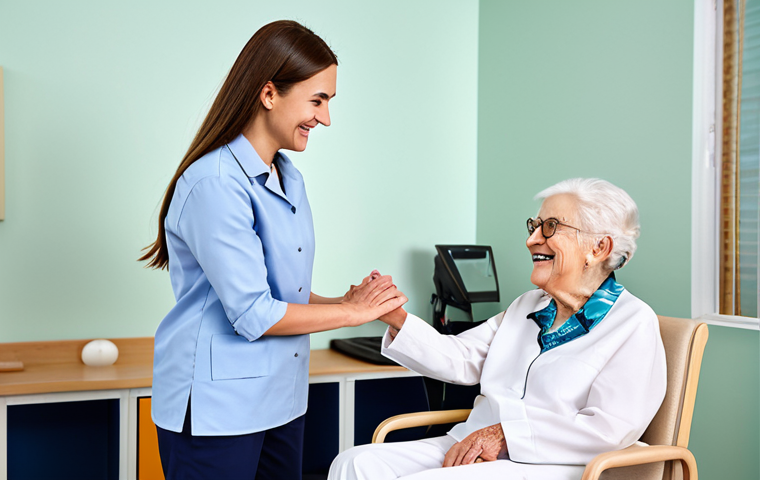 **

A smiling occupational therapist, fully clothed in professional attire (e.g., dress pants and blouse), interacting with an elderly patient in a brightly lit therapy room. The therapist is demonstrating a hand exercise. Safe for work, appropriate content, professional setting, perfect anatomy, natural pose, well-formed hands, family-friendly.

**