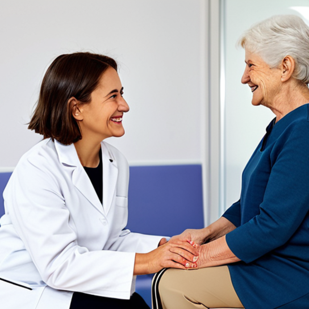 Empathetic Physiotherapist**
A physiotherapist in a bright, modern clinic, fully clothed in professional attire, kneels beside an elderly woman (Maria) with a warm, encouraging smile. Maria is seated and smiling faintly, with a walking cane nearby. The scene conveys support and trust. Natural lighting, perfect anatomy, well-formed hands, safe for work, appropriate content, family-friendly.
**