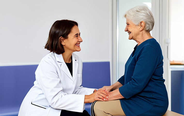 Empathetic Physiotherapist**

A physiotherapist in a bright, modern clinic, fully clothed in professional attire, kneels beside an elderly woman (Maria) with a warm, encouraging smile. Maria is seated and smiling faintly, with a walking cane nearby. The scene conveys support and trust. Natural lighting, perfect anatomy, well-formed hands, safe for work, appropriate content, family-friendly.

**