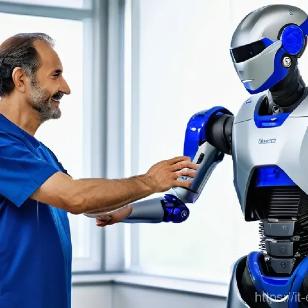 작업치료사의 최신 장비 활용 사례 - **"A 50-year-old Italian man with a determined and joyful expression is taking assisted steps using ...