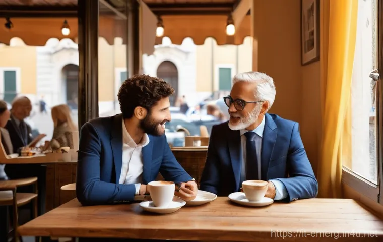 작업치료사의 전문 학회 네트워킹 - **Prompt 1: Authentic Connections at an Italian Coffee Break**
    "A vibrant group of three Italian...