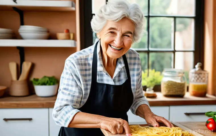 작업치료사의 치료 기술 심화 성공 사례 - A cheerful elderly Italian woman, approximately 75 years old, with a warm smile and a neat, modest h...