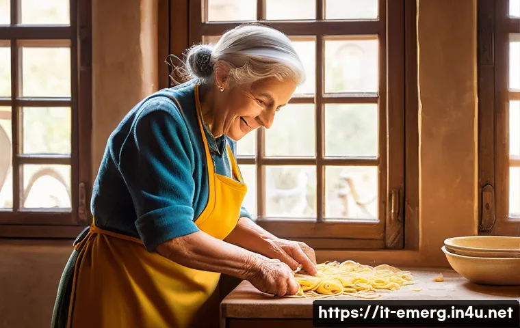 작업치료사의 환자 치료 경험 공유 사례 - A warm, sunlit Italian kitchen, filled with natural light streaming through a large window. An elder...