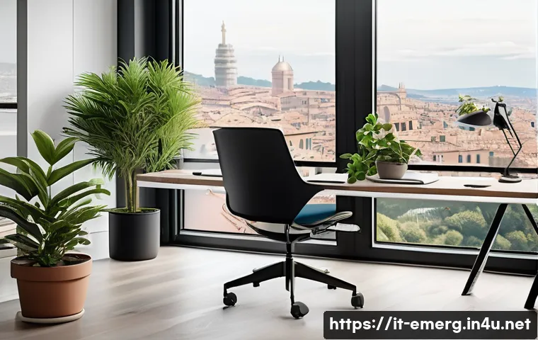 작업치료사의 스트레스 관리 팁 - A serene office workspace designed for mental well-being, featuring a modern ergonomic chair, adjust...