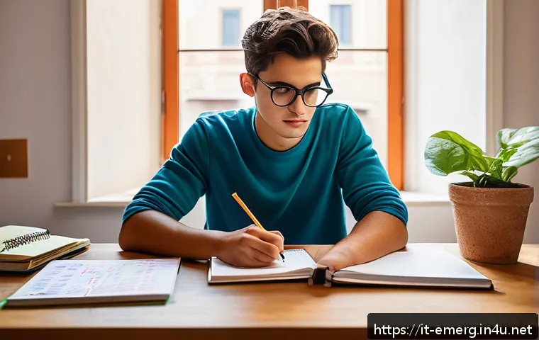 작업치료사의 자격증 시험 후기 - A focused young adult student of Italian ethnicity sitting at a tidy desk in a bright, modern study ...