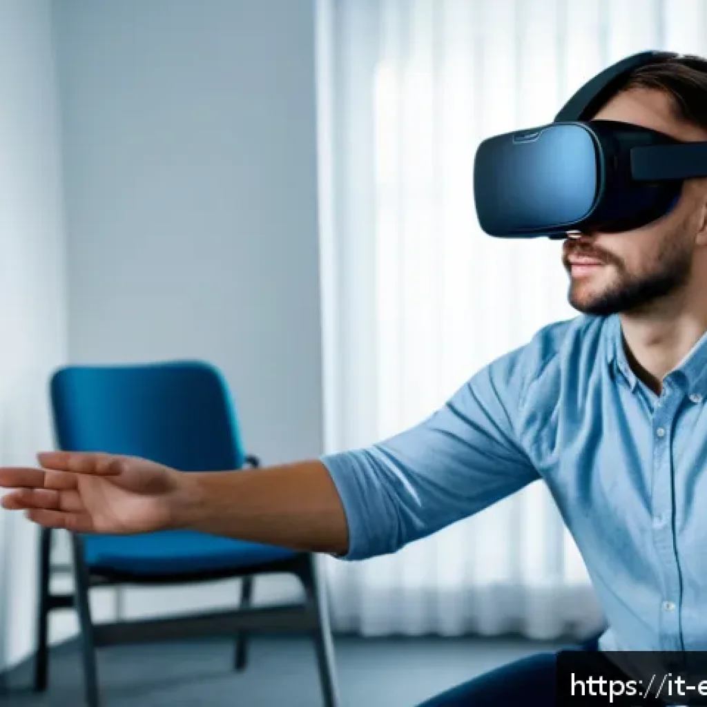 작업치료사의 최신 치료법 성공 사례 연구 - A young adult male stroke survivor wearing comfortable casual clothes and a lightweight VR headset, ...