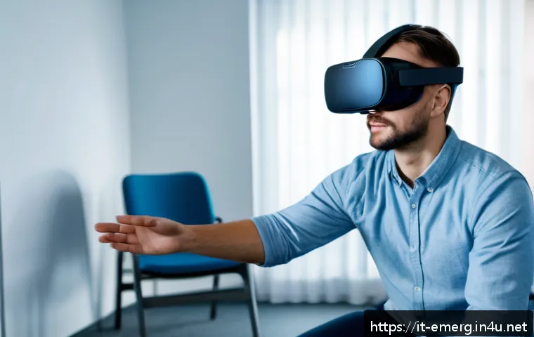 작업치료사의 최신 치료법 성공 사례 연구 - A young adult male stroke survivor wearing comfortable casual clothes and a lightweight VR headset, ...