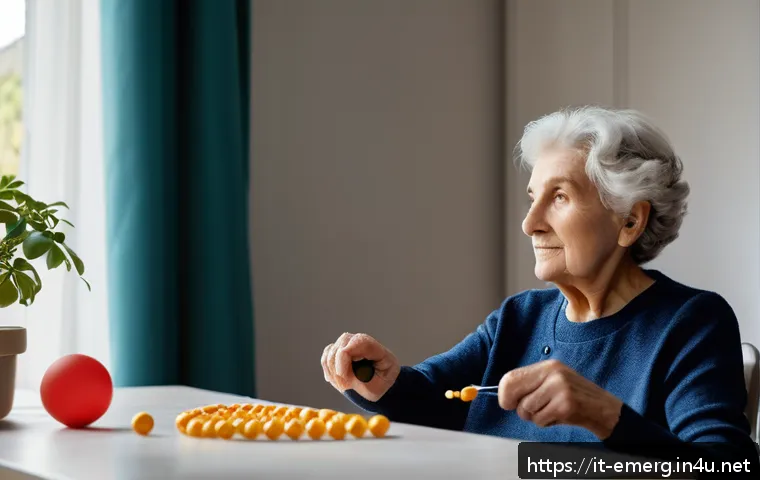 작업치료사의 환자 운동 사례 - A warm, inviting Italian home interior showing an elderly patient engaged in occupational therapy ex...