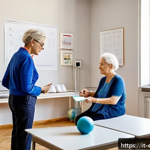 Home 31 작업치료사 업무 사례 분석 - A modern occupational therapy clinic in Italy, showing a middle-aged therapist attentively listening...