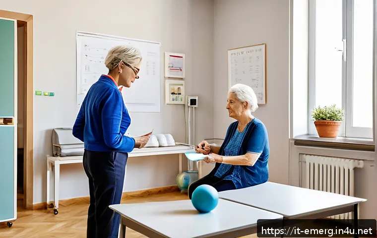 작업치료사 업무 사례 분석 - A modern occupational therapy clinic in Italy, showing a middle-aged therapist attentively listening...