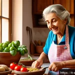 Home 18 작업치료사로서의 전문가 상담 사례 - An elderly Italian woman in her cozy kitchen, wearing casual clothing and an apron, happily preparin...