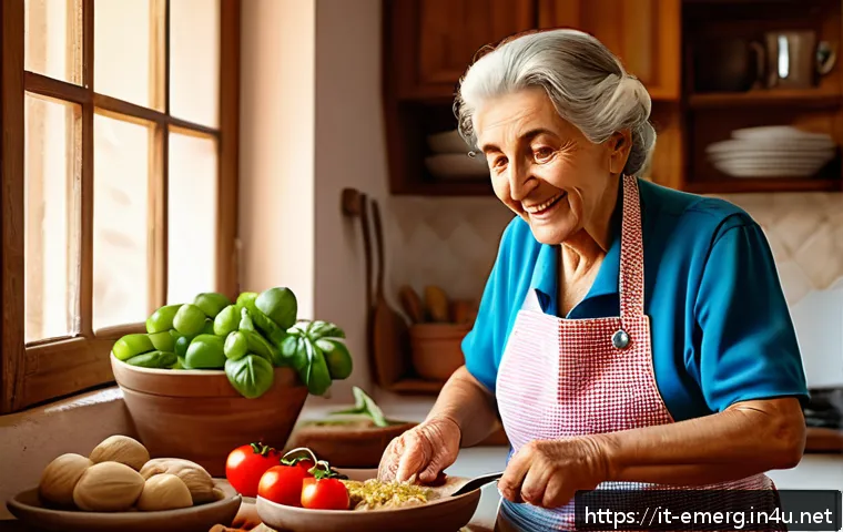 작업치료사로서의 전문가 상담 사례 - An elderly Italian woman in her cozy kitchen, wearing casual clothing and an apron, happily preparin...