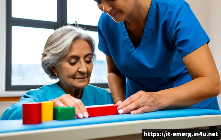 작업치료사의 병원 내 치료 사례 연구 - Photorealistic hospital occupational therapy case study scene in Italy, compassionate occupational t...