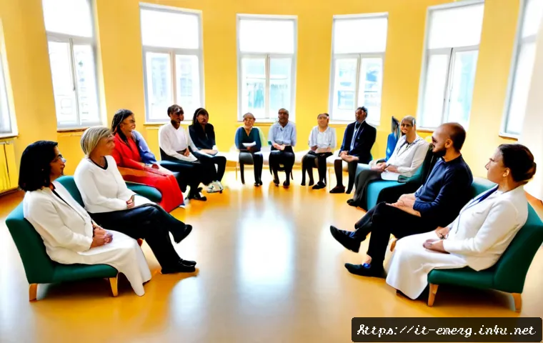 작업치료사 커뮤니티 추천 - Photorealistic Italian occupational therapy community meeting in a bright, welcoming rehabilitation ...