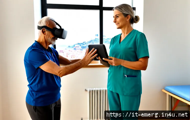 Home 17 작업치료사의 최신 의료 동향 적용 사례 - Photorealistic occupational therapist in a modern Italian rehabilitation clinic guiding an older adu...