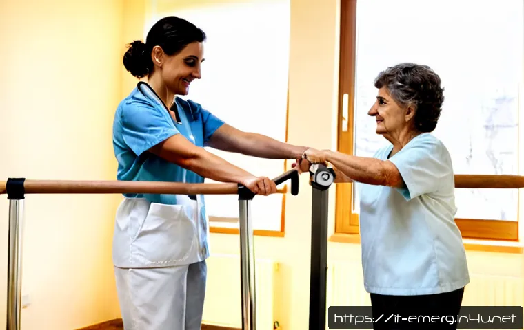 Home 17 작업치료사 직업 전망 - Photorealistic occupational therapist in a modern Italian rehabilitation clinic, warmly guiding an o...